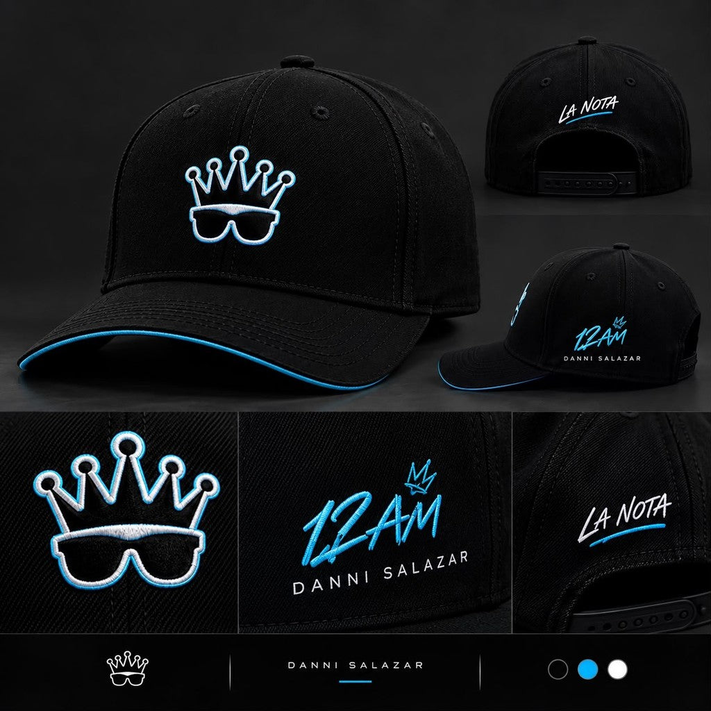 Gorra La Nota 12 AM: frente, atrás con La Nota, lateral y detalles de bordado